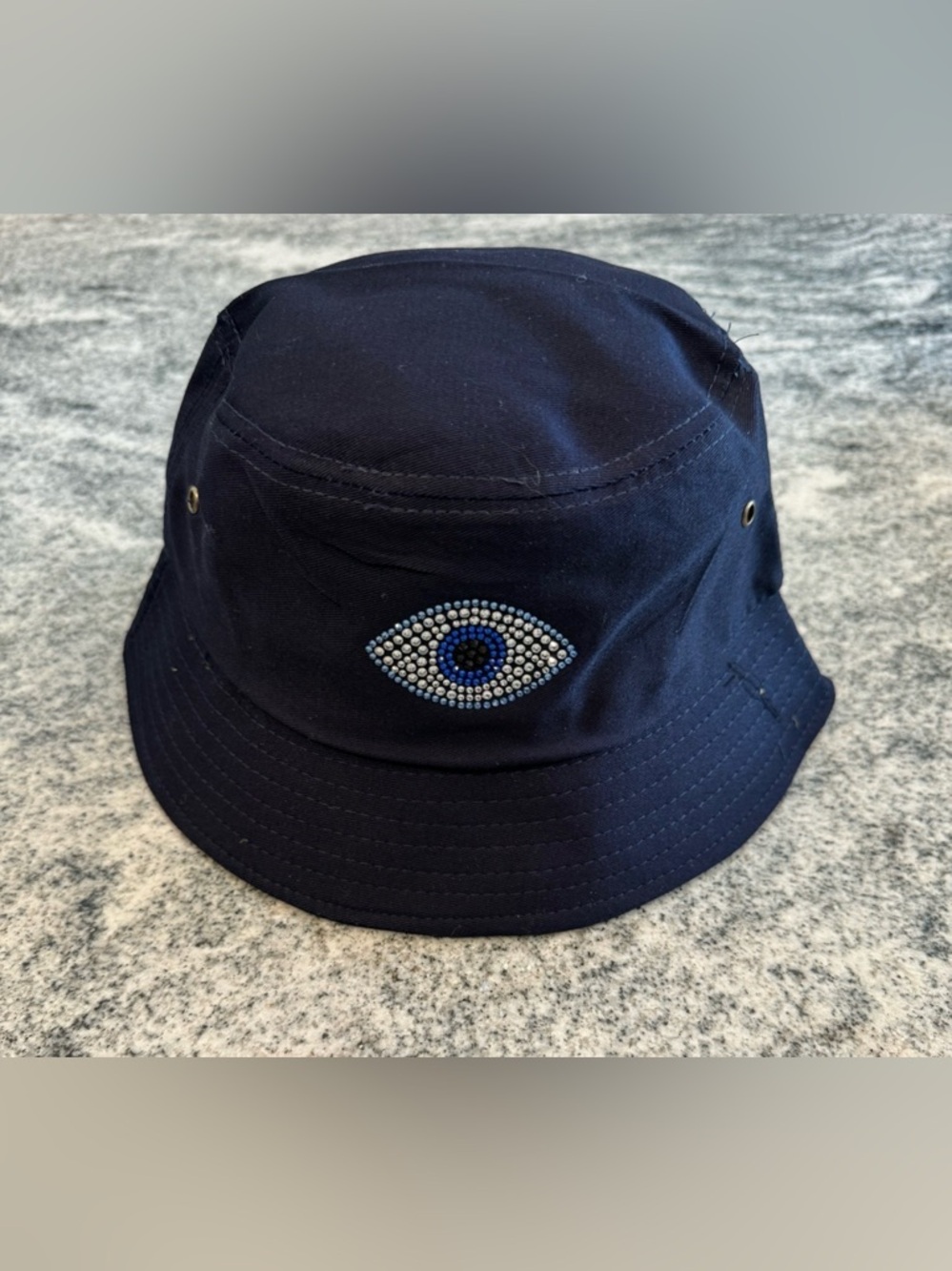 New Custom Designed Navy Bucket Hat with Sequin Beaded Evil Eye, Adjustable